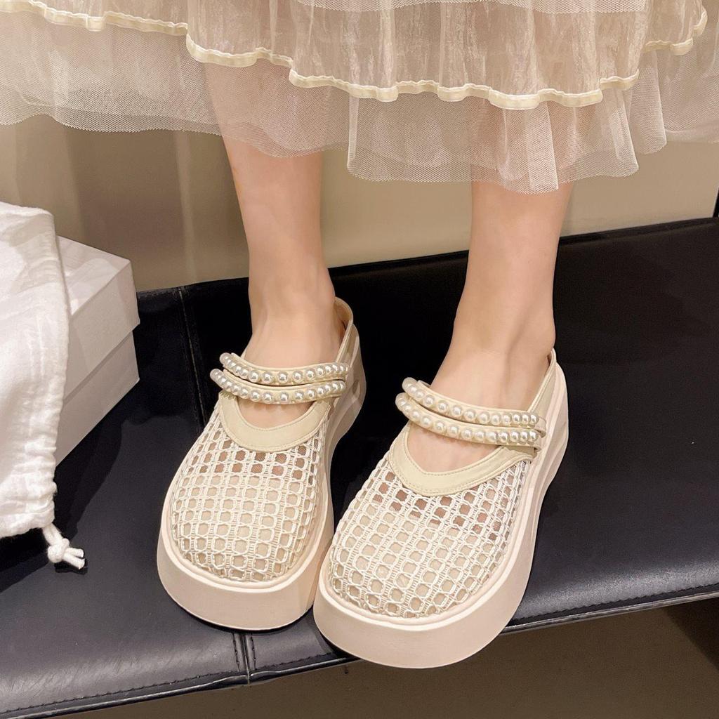 Half Tray Casual Sandals Wear Pearl Fashion Mesh Breathable Summer Bag Head Half Slippers Women'S Thick Bottom
