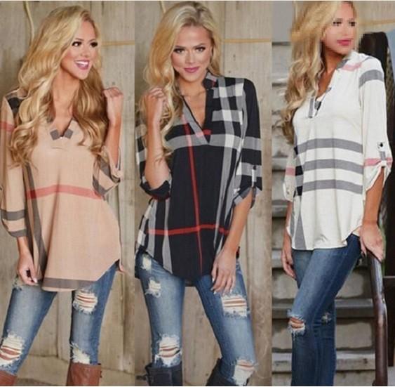 New Blouse Womens Striped Plaid Long Sleeve Ladies Top T Shirt Loose Casual Tops
