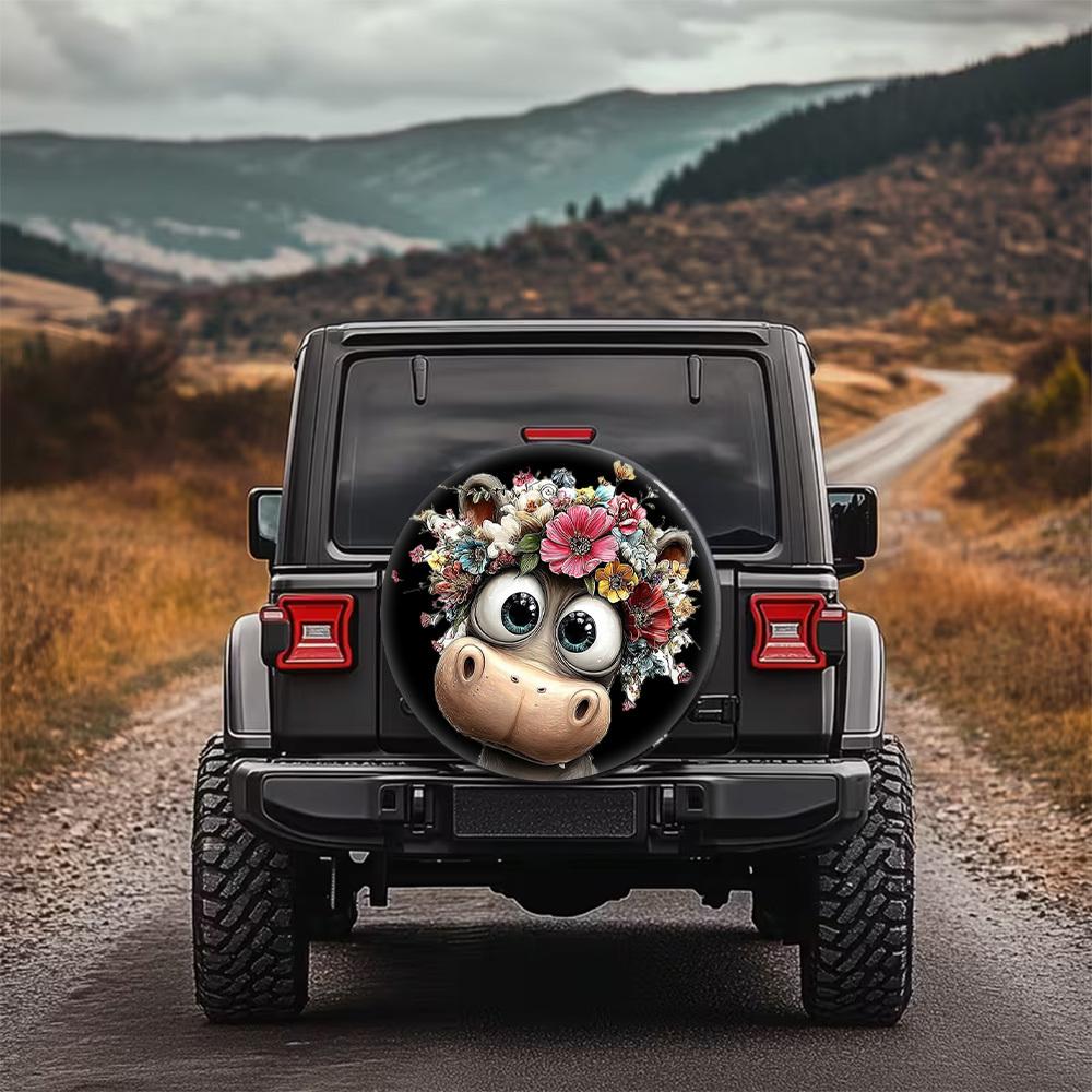 A Cartoon-Style Floral Animal Print Tire Cover, A Fashionable Universal Wheel Protector, A Spare Tire Cover That Fits Perfectly