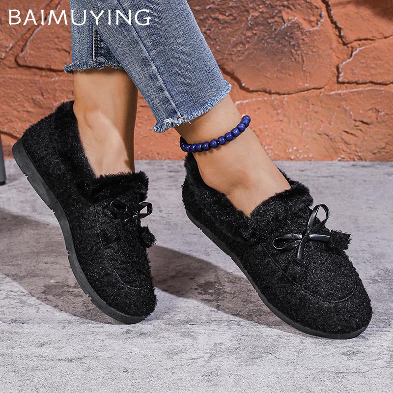 Туфли на плоской подошве женские мокасины с бантом из меха дизайнерская повседневная обувь короткие плюшевые хлопковые сапоги зимние новые брендовые теплые тренды 2024 года Zapatos Femme