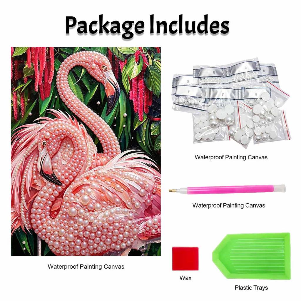 Pearl painting kit features 5D pink flamingo mosaic art style for home wall decoration.