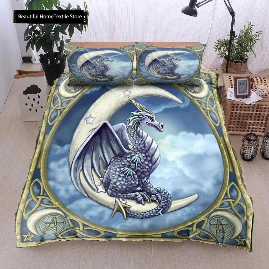 Пододеяльник с принтом дракона King Queen Western Magic Dragon Комплект постельного белья для подростков и взрослых Древнее мифическое животное Полиэстеровый пододеяльник