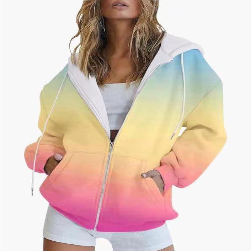 Autumn New Gradient Print Casual Long-sleeved Zipper Hoodie Sweatshirt Women's Fashionable Loose Casual Top