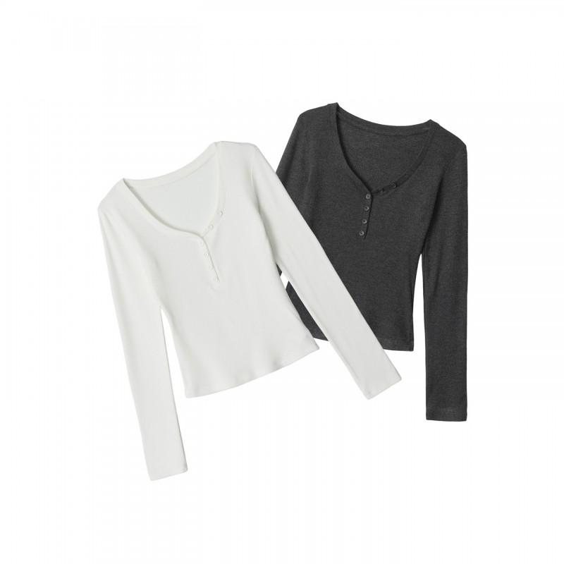 HeyHenry Solid Color V-Neck Long Sleeve T-Shirt Slim Fit Basic Tops Women