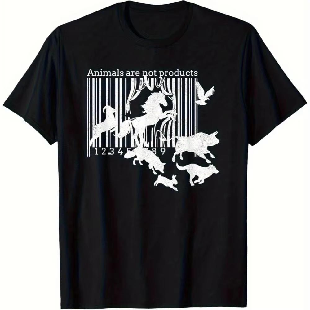 UnisexS Vegan Animal Rights TShirt Black Casual Short Sleeve Featuring Barcode Design The Slogan Animals Are Not Products Regular