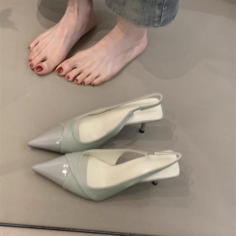 Нишевые зеленые туфли на высоком каблуке новый темперамент элегантные заостренные с открытым носком шпилька пустые сандалии женская обувь