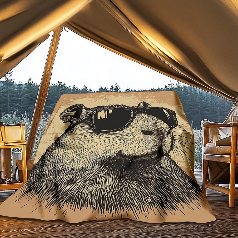 1pc Sunglasses Capybara Print Throw Blanket Polyester Fiber, Lightweight Flannel, Soft & Warm, All Season Use for Outdoor, Camping Digital Print