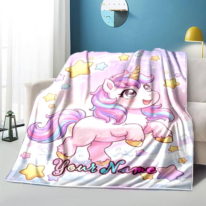 1PC Custom Name Magical Unicorn Dreams flannel blanket versatile,all-season throw suitable for the living room,bedroom,camping,travel,and gift
