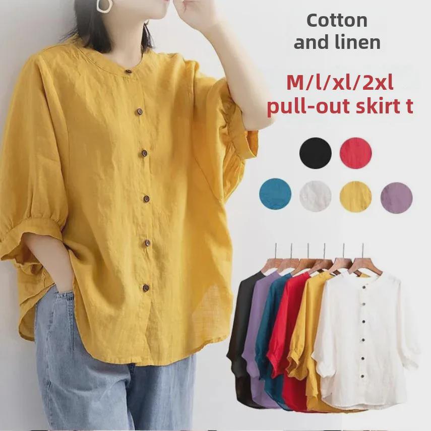 2025 Весна/Лето Женский Ретро-Топ из хлопка и льна с рукавами-фонариками и свободным кроем средней длины