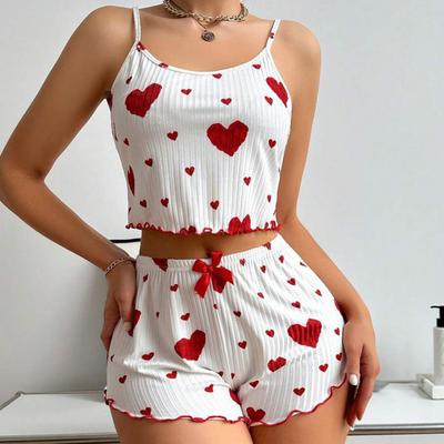 2 шт./комплект женский летний пижамный костюм регулируемый ремешок без рукавов сердечный принт укороченный