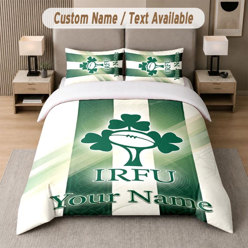 Custom Bedding Set Ireland Rugby Pattern, Print Name Text 1 Duvet Cover plus 2 Pillowcases Home Textile