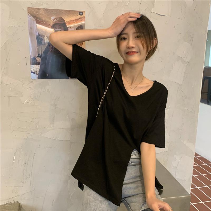 Split v-neck short-sleeved t-shirt summer new design sense collarbone chic loose student on clothes women