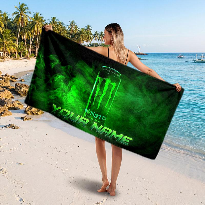 Пляжное полотенце Monster Energy с индивидуальным текстом имени, Мягкое впитывающее полотенце для пляжа, бассейна, путешествий, Персональный подарок