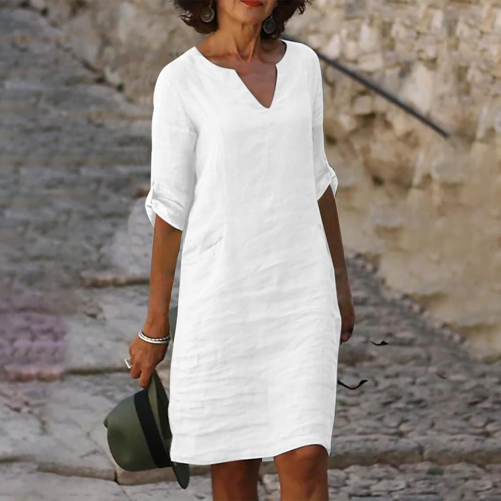 Женское летнее однотонное хлопково-льняное платье в стиле ретро с v-образным вырезом и длинными рукавами, легкое дышащее платье