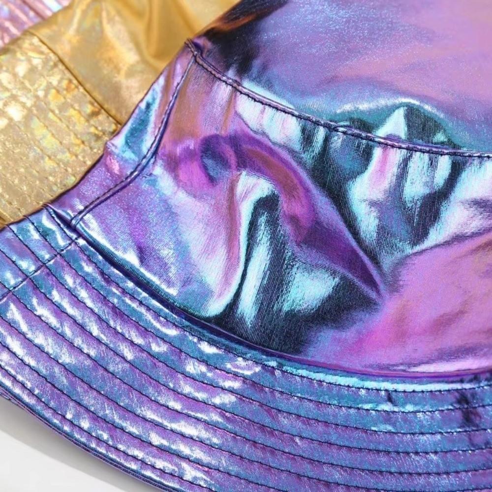 Leather Luminous Bucket Hat Wide Brim Shiny Sun Cap Unisex Laser Rainbow Fisherman Hat  Sunshade