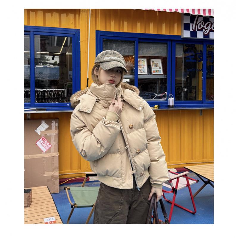 Autumn Winter Fur Hooded Jacket Women Outerwear Thick Dowon Cotton Padded Slim Short Parkas Female Cropped Puffer Bubble Coat