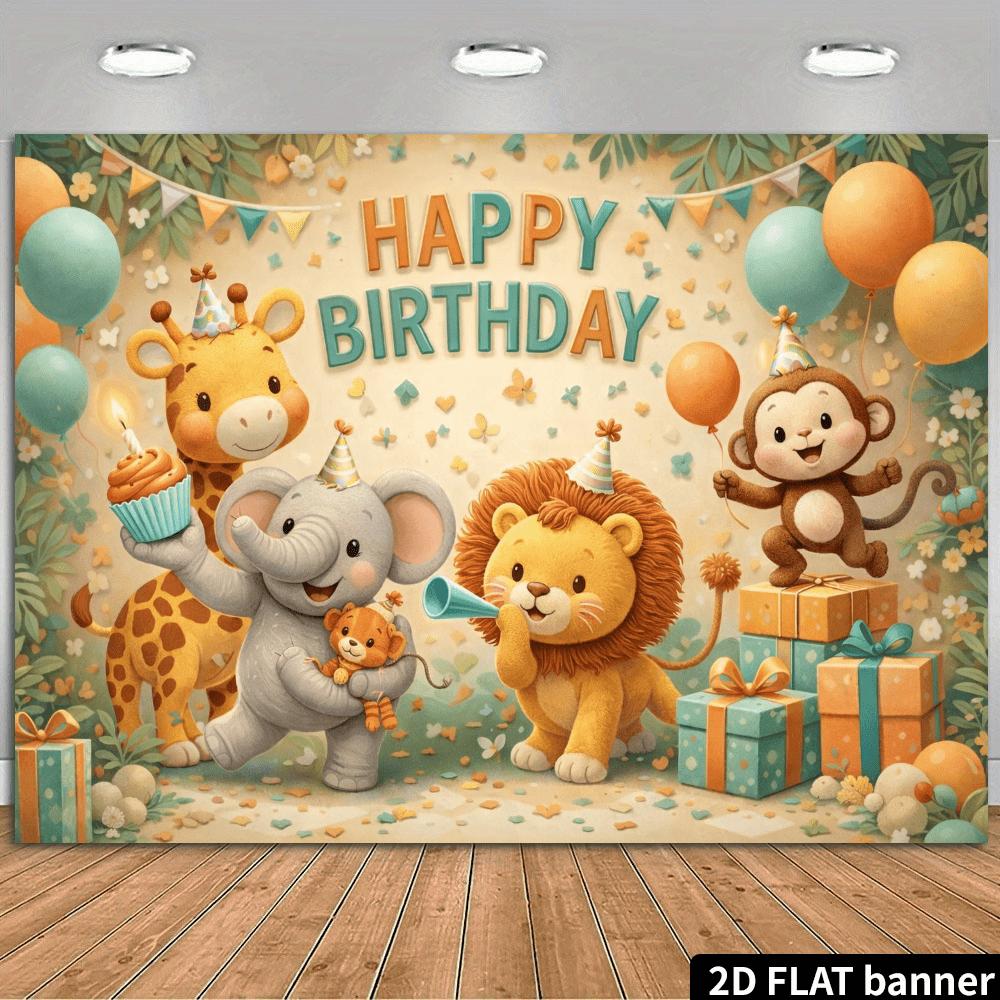 2D Flat Banner, Jungle Animal Birthday Backdrop, Giraffe, Elephant, Lion, Monkey, Colorful Balloons, Gift Boxes, Greenery, Polyester