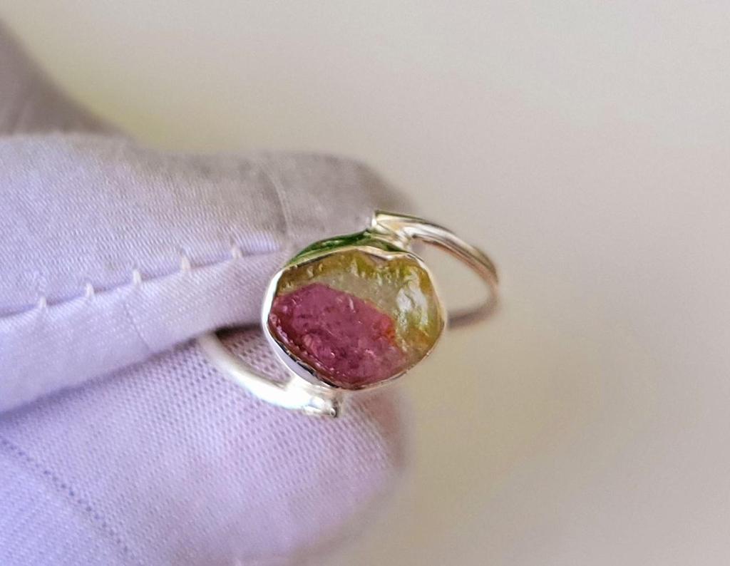 Green Pink Watermelon Tourmaline Gemstone 925 Sterling Silver Sz 4.5 US, Gift