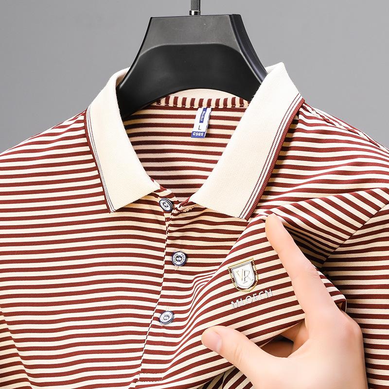 Men's Short Sleeve Cotton T-shirt Summer Stripes Loose Half-Sleeved T-shirt Business Polo Shirt Trendy Men