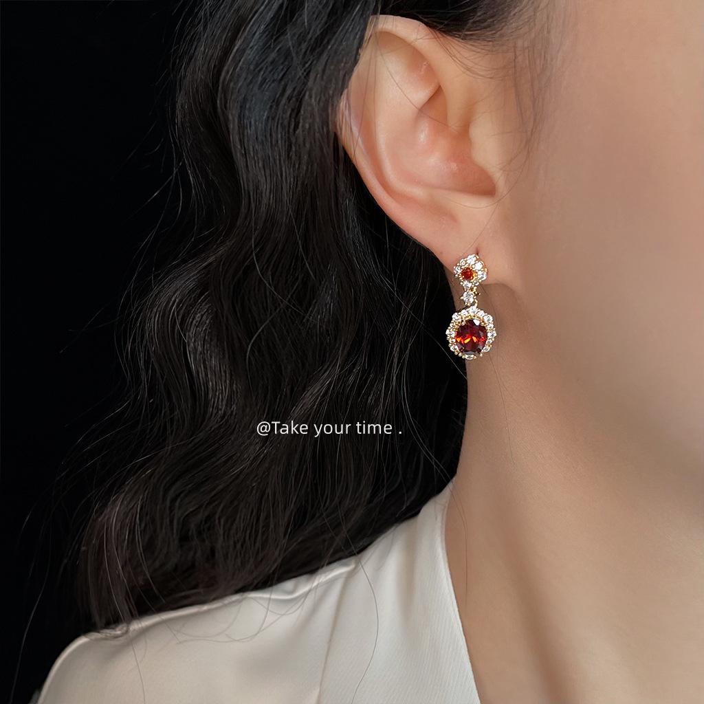 Винтажные красные циркониевые серьги в придворном стиле из серебра 925 пробы с покрытием из 14-каратного золота