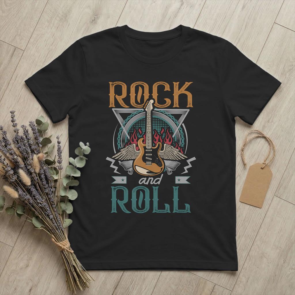 GuitarBass Rock and Roll Wings T Shirt Unisex Pure Cotton for Male TShirts Round Collar Floral Music Tee Shirt Clothes Gift Idea