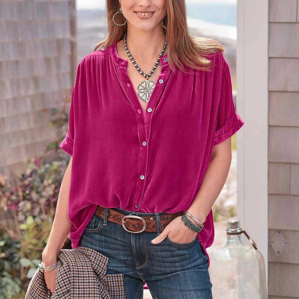 Модные топы из золотистого бархата, однотонная рубашка с короткими рукавами и круглым вырезом