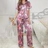 Luxurious Satin Pajamas for Women Flower Print Sleepwear   Autumn Short Sleeve Lapel Collar Top Pants Pyjama Home Clothes