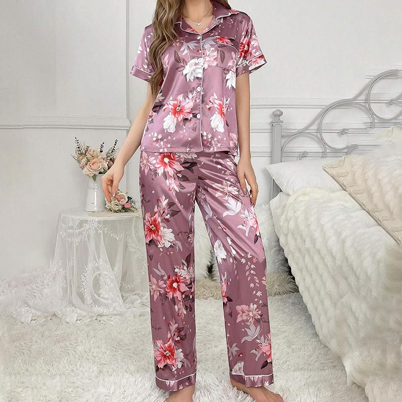 Luxurious Satin Pajamas for Women Flower Print Sleepwear   Autumn Short Sleeve Lapel Collar Top Pants Pyjama Home Clothes
