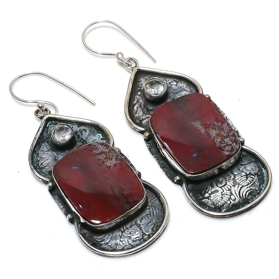 Агат озера Верхнее, Белый Топаз 925 Стерлинговое Серебро Ювелирное Изделие Серьга 2.52" B0t67