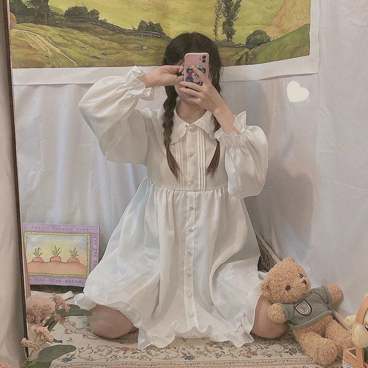 Kawaii платье женское милое белое короткое платье в стиле Лолиты с оборками и воротником Питера Пэна в консервативном стиле весна-осень халат с длинными рукавами