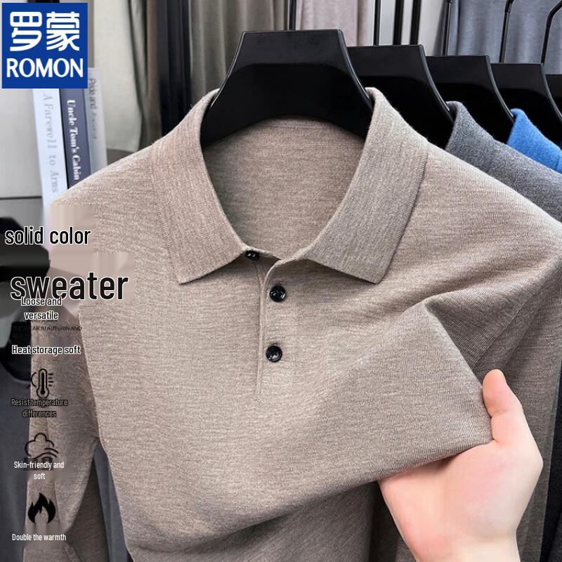 ROMON Men's Casual Long-Sleeve Knit Polo Sweater