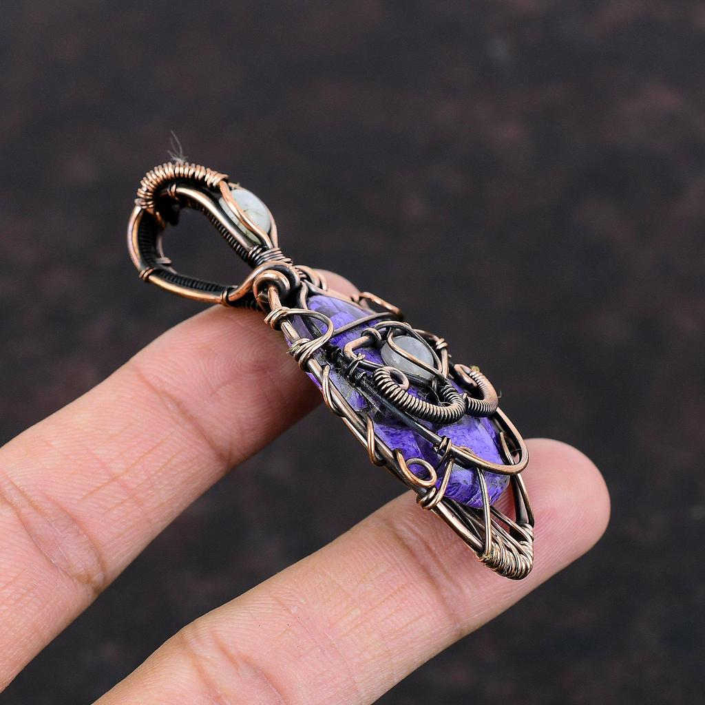 Кулон Медный Глаз Дьявола с Хароитом Кулон из Драгоценного Камня, Оплетенный Медной Проволокой Ручной Работы Стильный Кулон Кулон из Радужного Лунного Камня Медные Ювелирные Изделия