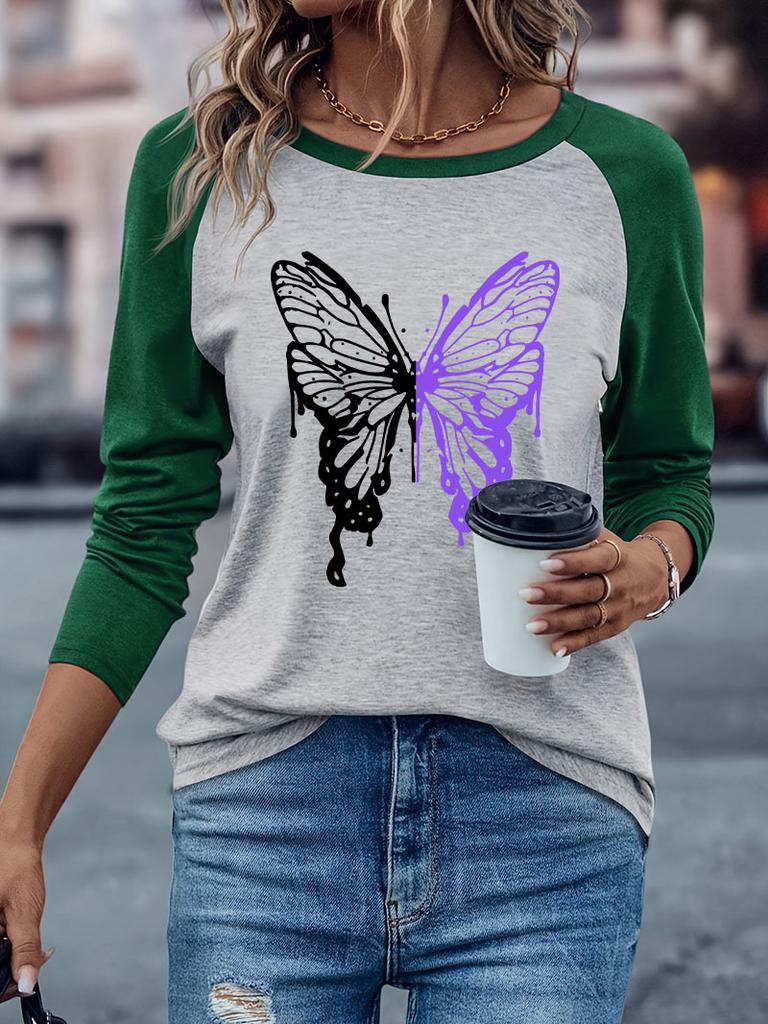 Retro T-shirt Long Sleeve Butterfly Print Crew Neck Casual Top Tee Winter Autumn Women's Clothing Harajuku Long Sleeved Y2k