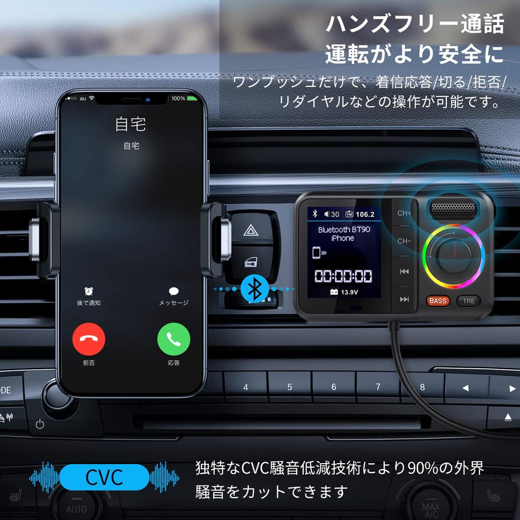 HUNDRUP FM-передатчик, Bluetooth 5.0, быстрая зарядка QC3.0, 2 USB-порта, голосовой помощник Siri,