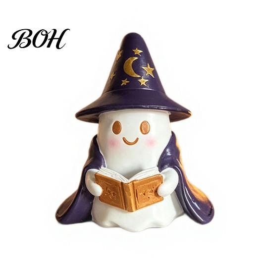 Cute Resin Ghost Statue Lighted Figurine, Wizard with LED Light, Desktop Halloween Ornament Reading Book Night Light for Home Shelf Decor Indoor