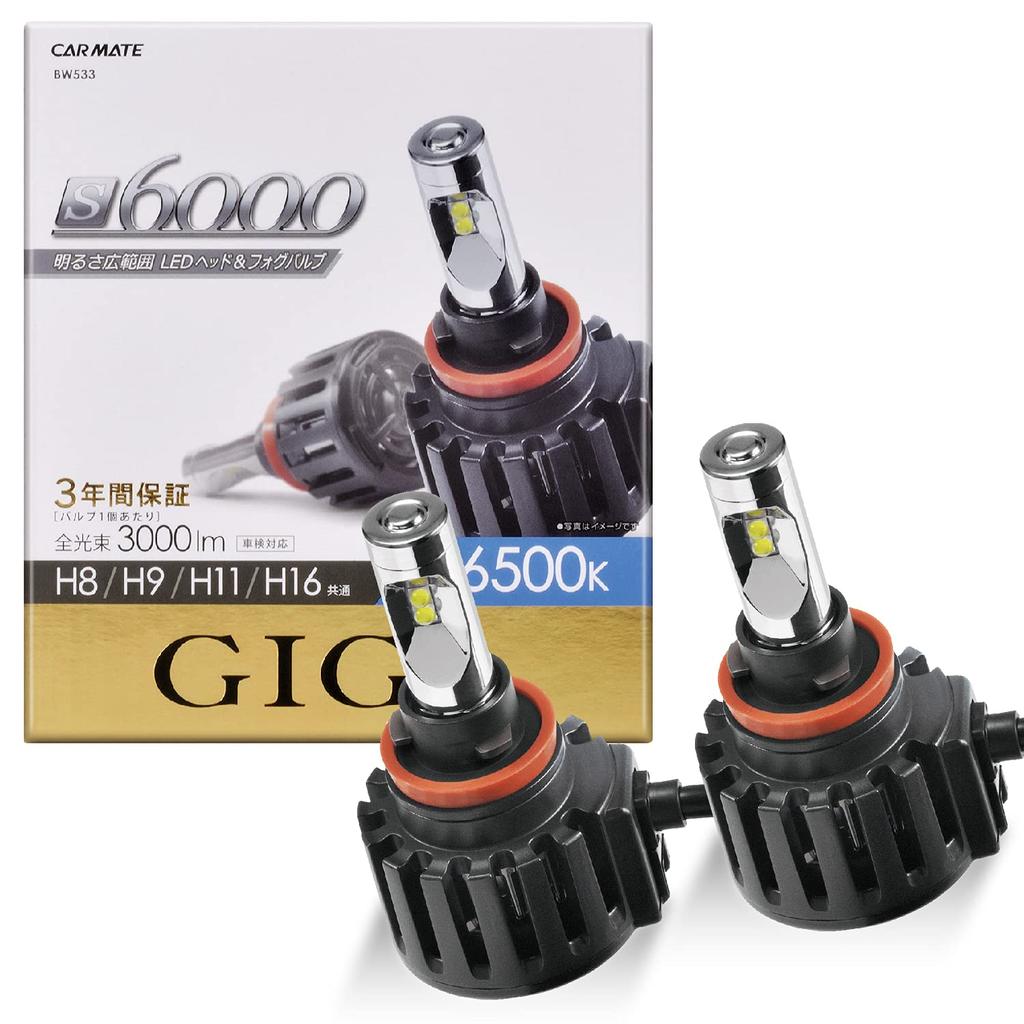 Carmate GIGA LED Headlights and Fog S6000 Compatible with Vehicle Inspection BW533 Lights, Series, H8/H9/H11/H16, 6500K, 6000lm, Compliant, 3-Year
