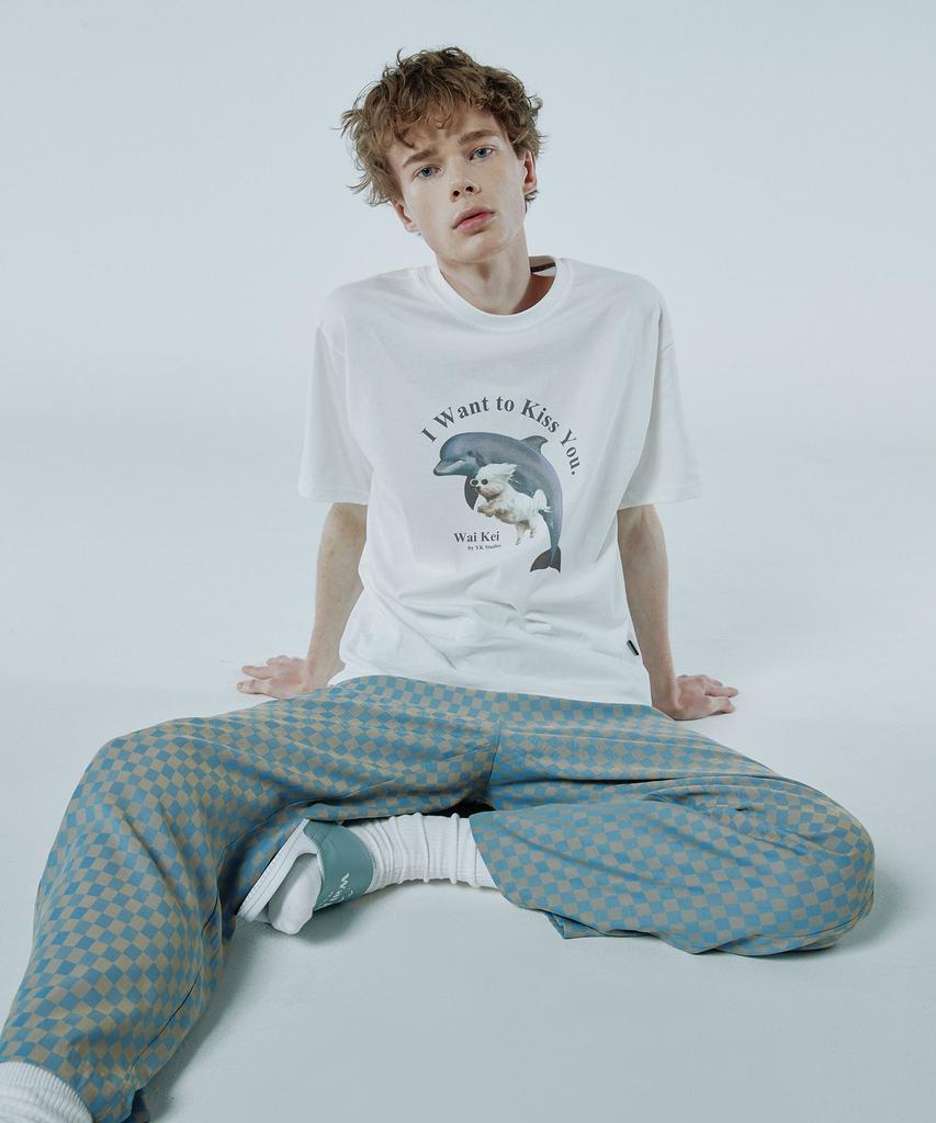 WAIKEI Checkerboard Elastic Waist Long Pants Beige Sky Blue