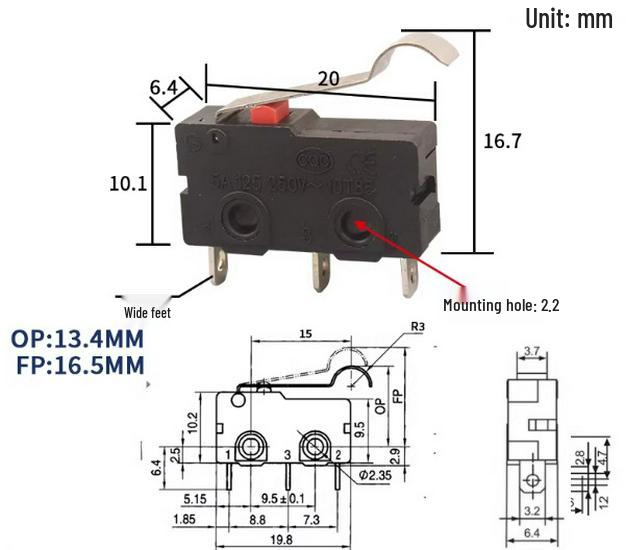 KW12 Micro Tripod Lever Switch, 5A/250V, KW11-3Z, Travel Limit Contact Button.