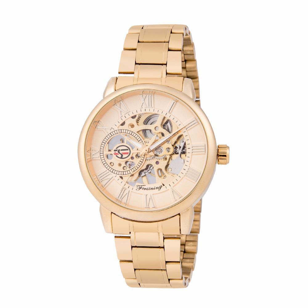 Forsining Часы мужские часы модные повседневные золотые часы стальной ремешок полые автоматические механические часы S838-9-A