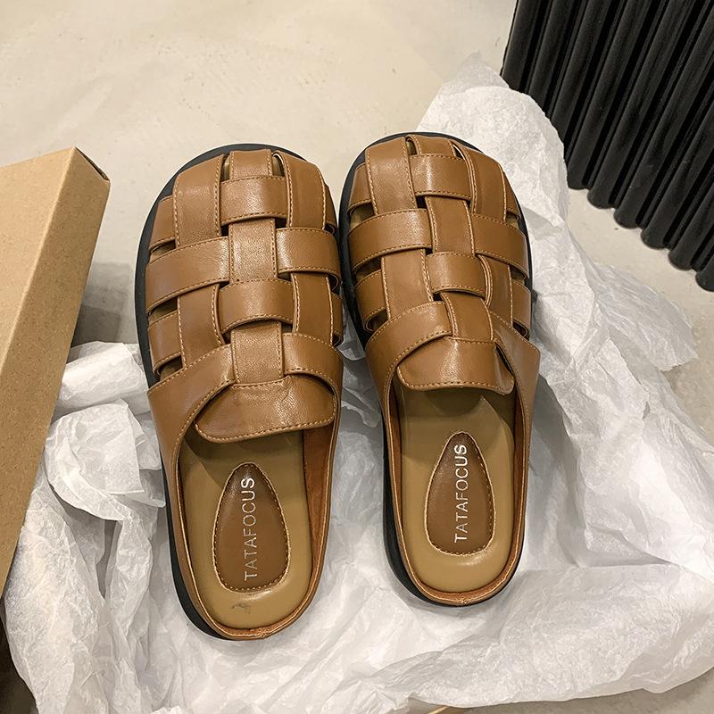 Полутапочки для женщин, лето 2024, новые римские сандалии с круглым носком и ажурным узором, женские шлепанцы на открытом воздухе, трендовый брендовый дизайн