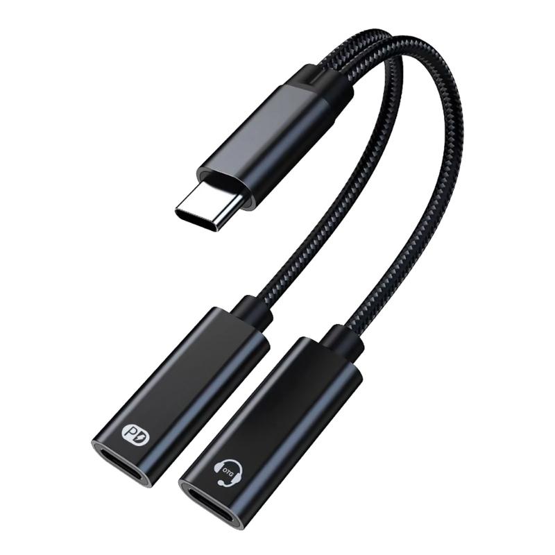 USB C разветвитель 1 в 2 выхода Двойной USB C Адаптер для зарядки наушников Type C Звуковой адаптер PD60W Кабель для быстрой зарядки