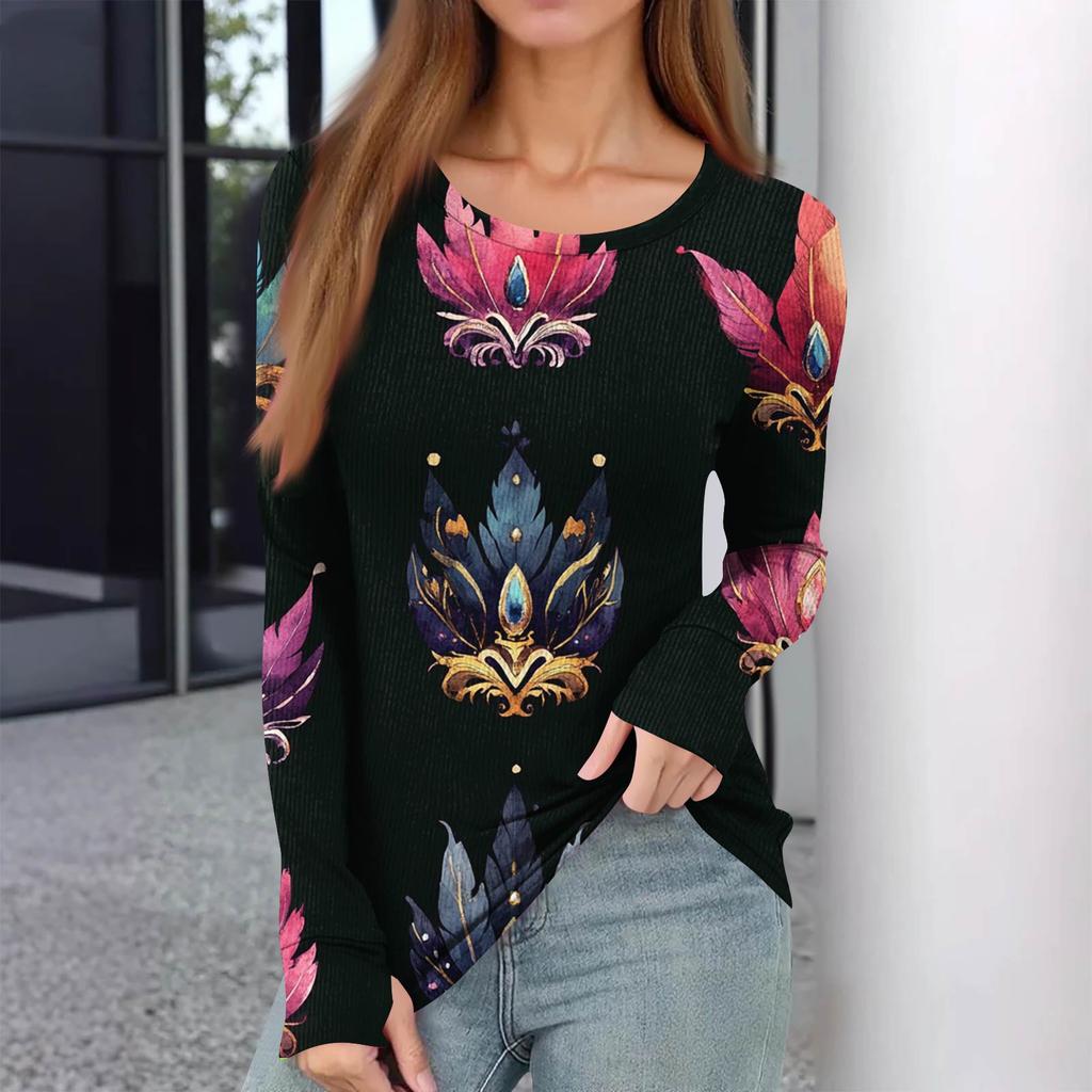 Женская зимняя приталенная футболка Модная повседневная с принтом, с круглым вырезом, пуловер, топ с длинным рукавом