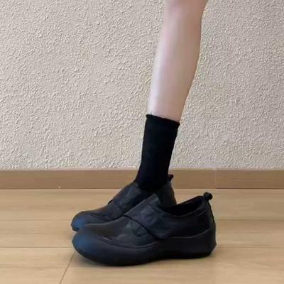 Версия из овчины, толстая подошва, липучка, женские универсальные черные модные туфли с круглым носком для通勤