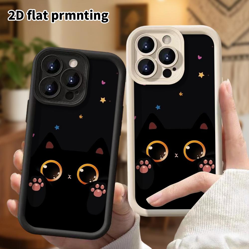 Phone case: 2D flat design suitable for iPhone 18 17 16 15 14 13 Pro step protection case, little black cat probe, Christmas and Halloween gift