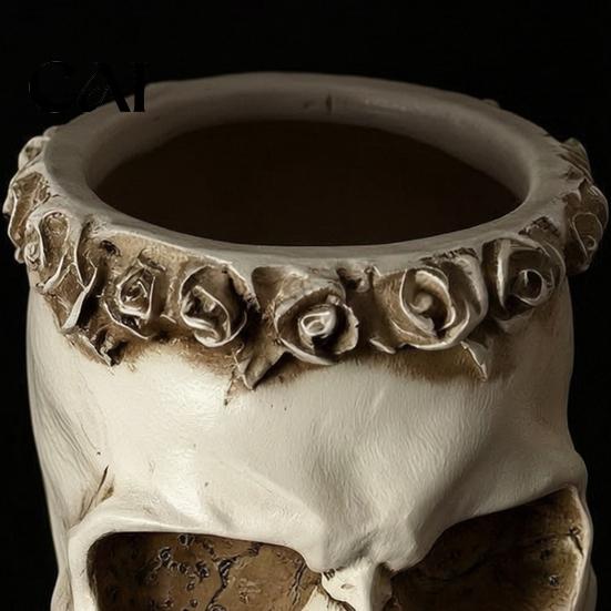 Unique Flower Vessel Gothic Skull Vase, Spooky Resin Head Statue, Halloween Table Centerpiece Distressed Crafts Retro for Home Shelf Mantel Decor