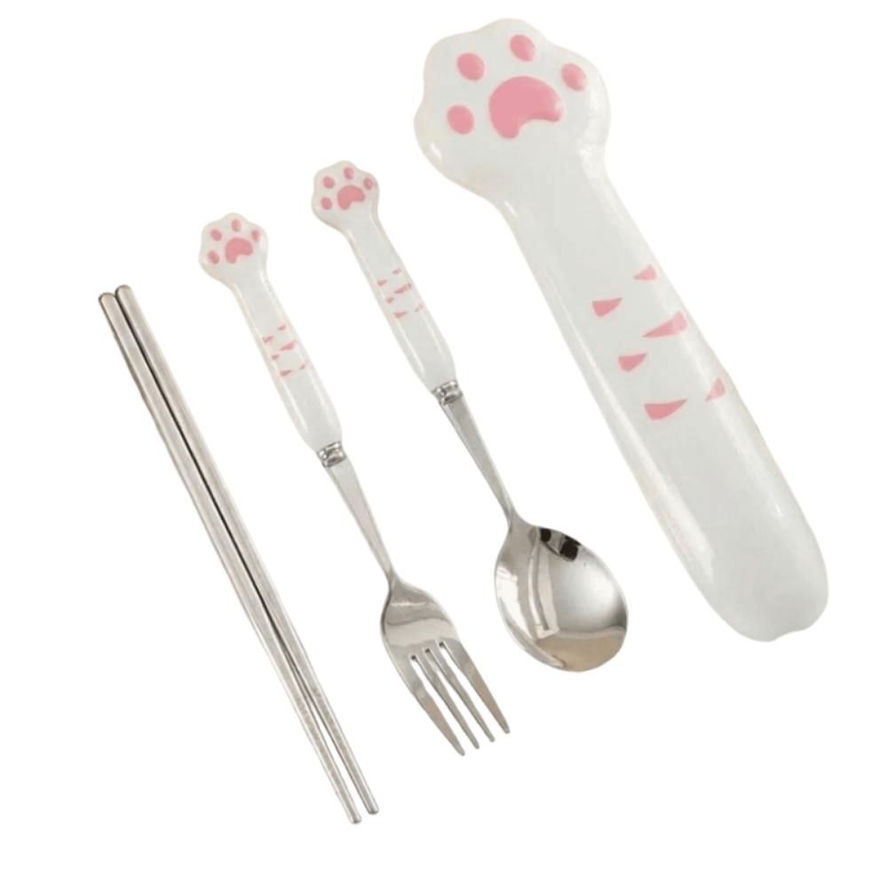 Cute Cat Paw Cutlery Set Reusable Fork Spoon Set Meal Accessories Boxed Tableware Outdoor Camping