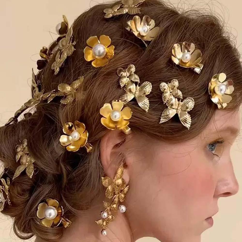 5pcs Hairstyle Tools Golden Flower Hair Forks Retro Wave Zinc Zinc Alloy Barrettes Pearl Side Clips Daily