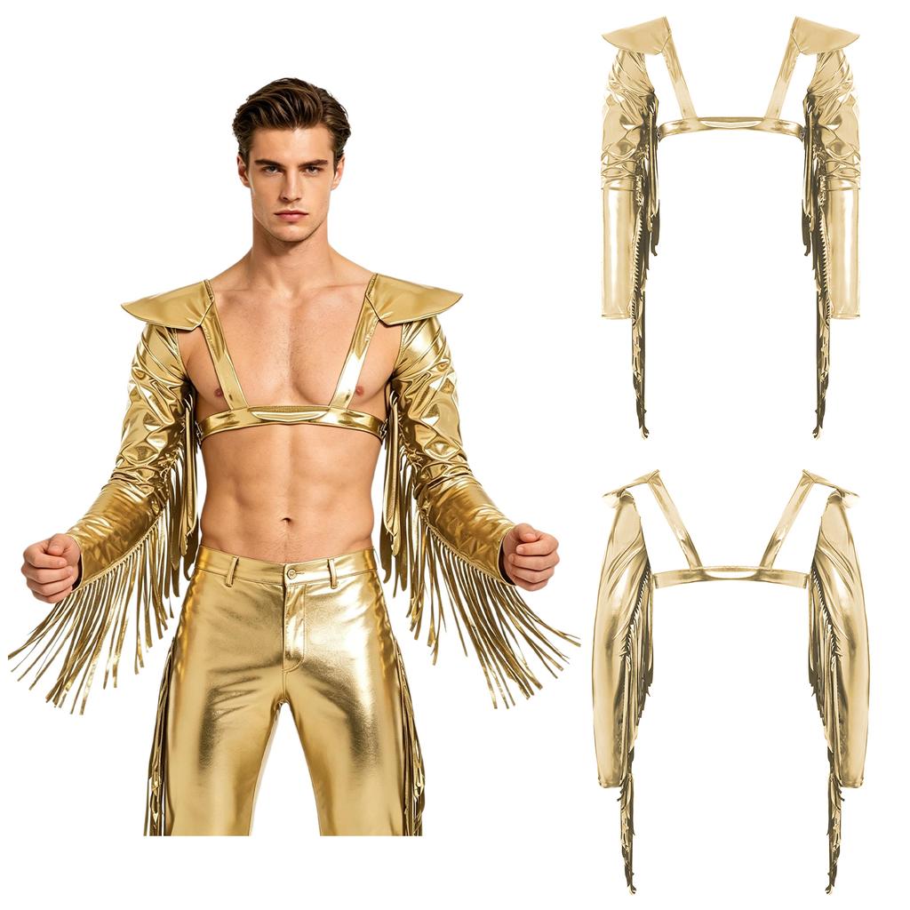 M-3XL Men Metallic Shiny Fringed Arm Sleeves Long Sleeve with Tassels Structured Epaulet Adjustable Chest Harness Club Party Crop Top