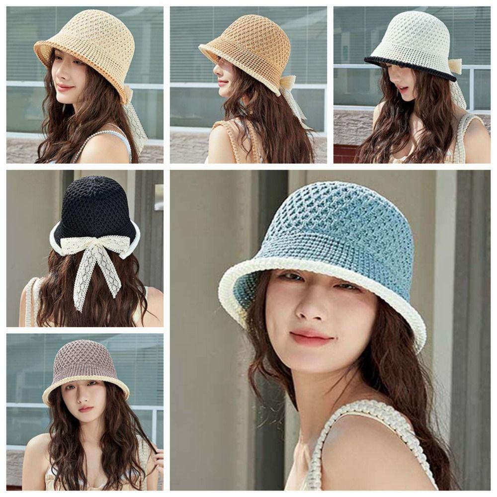 Temperament Knitted Bucket Hat Hollow Out French Style Bow Fisherman Hat Breathable Solid Color Sun Protection Cap Outdoor