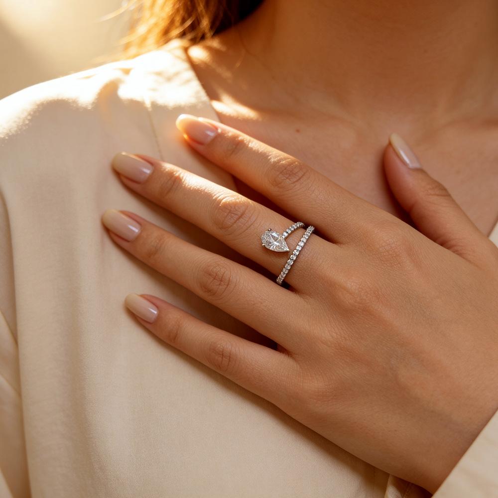 Pear Cut Moissanite Ring | 925 Sterling Silver 1CT D Color VVS1 | Stackable Halo Engagement Wedding Bands for Women